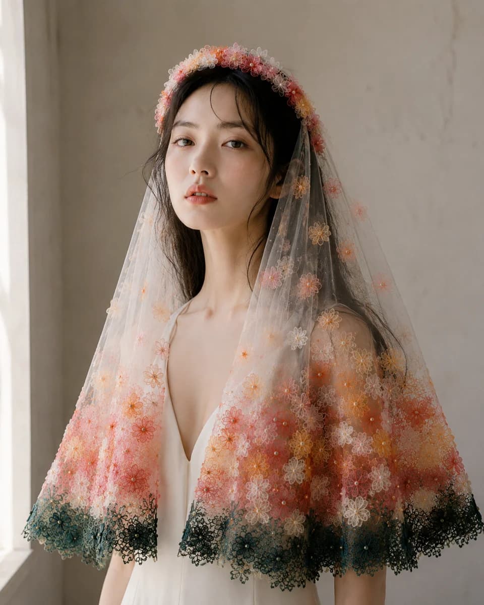 花刺繍のベールを着けたモデル